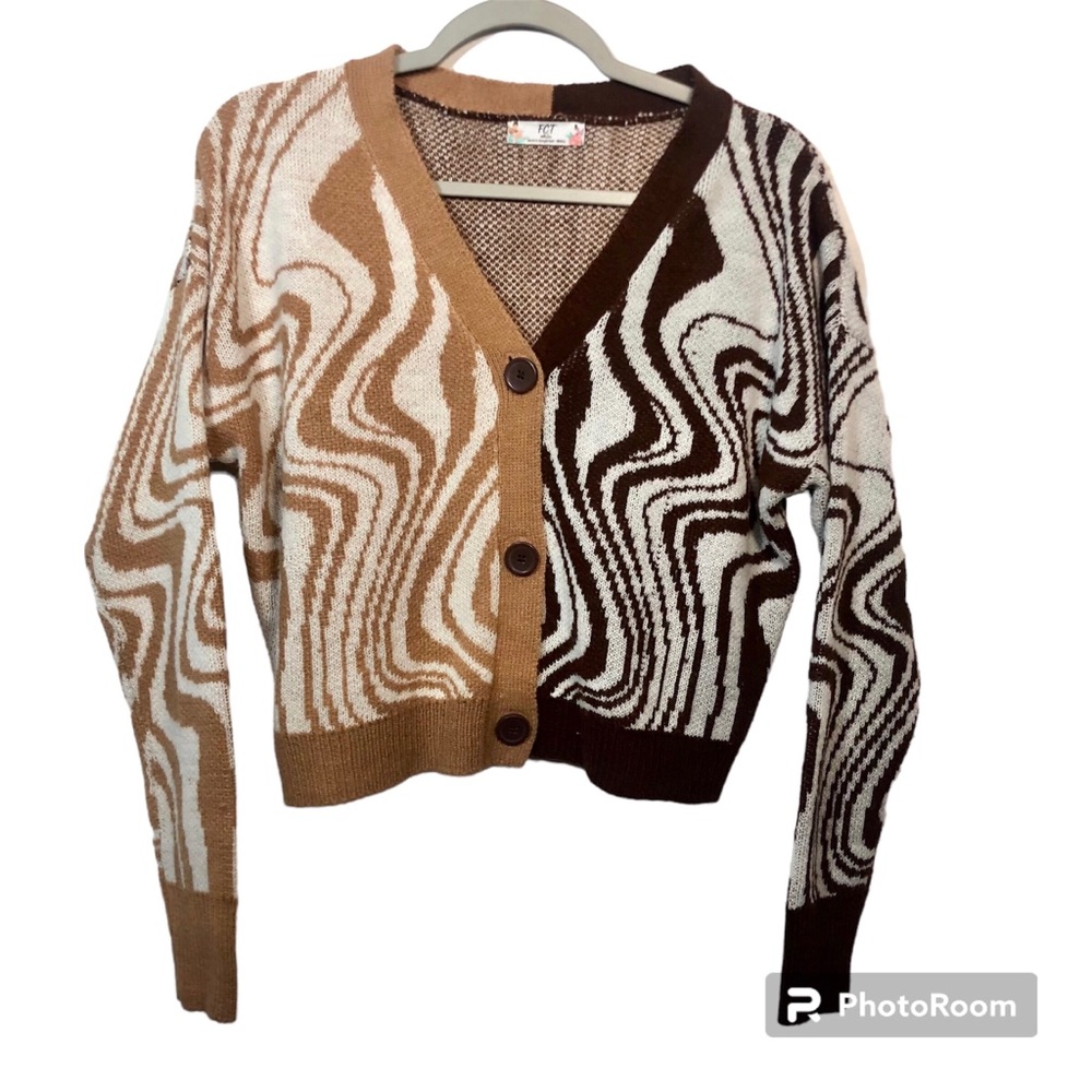 FCT With Love Crop Sweater Womens Small Long Sleeves Groovy Boho Brown Tan Cream